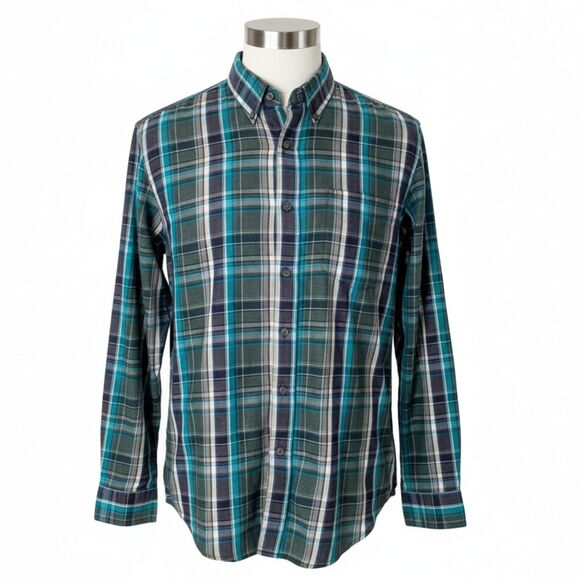 Van Heusen Classic Fit Plaid Checkered Button-Down Shirt Sz XL - Teal Navy Gray - Picture 4 of 13